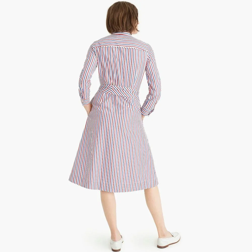 NWT Womens Size 00 J Crew Red White Blue Stripe Tie-Waist Navy Shirt Dress